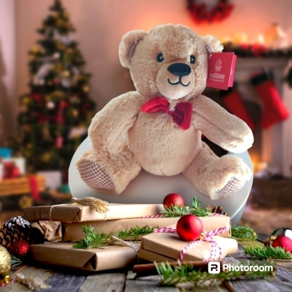 EDI Bear Tan Plush Stuffed Animal Toy Red Bowtie